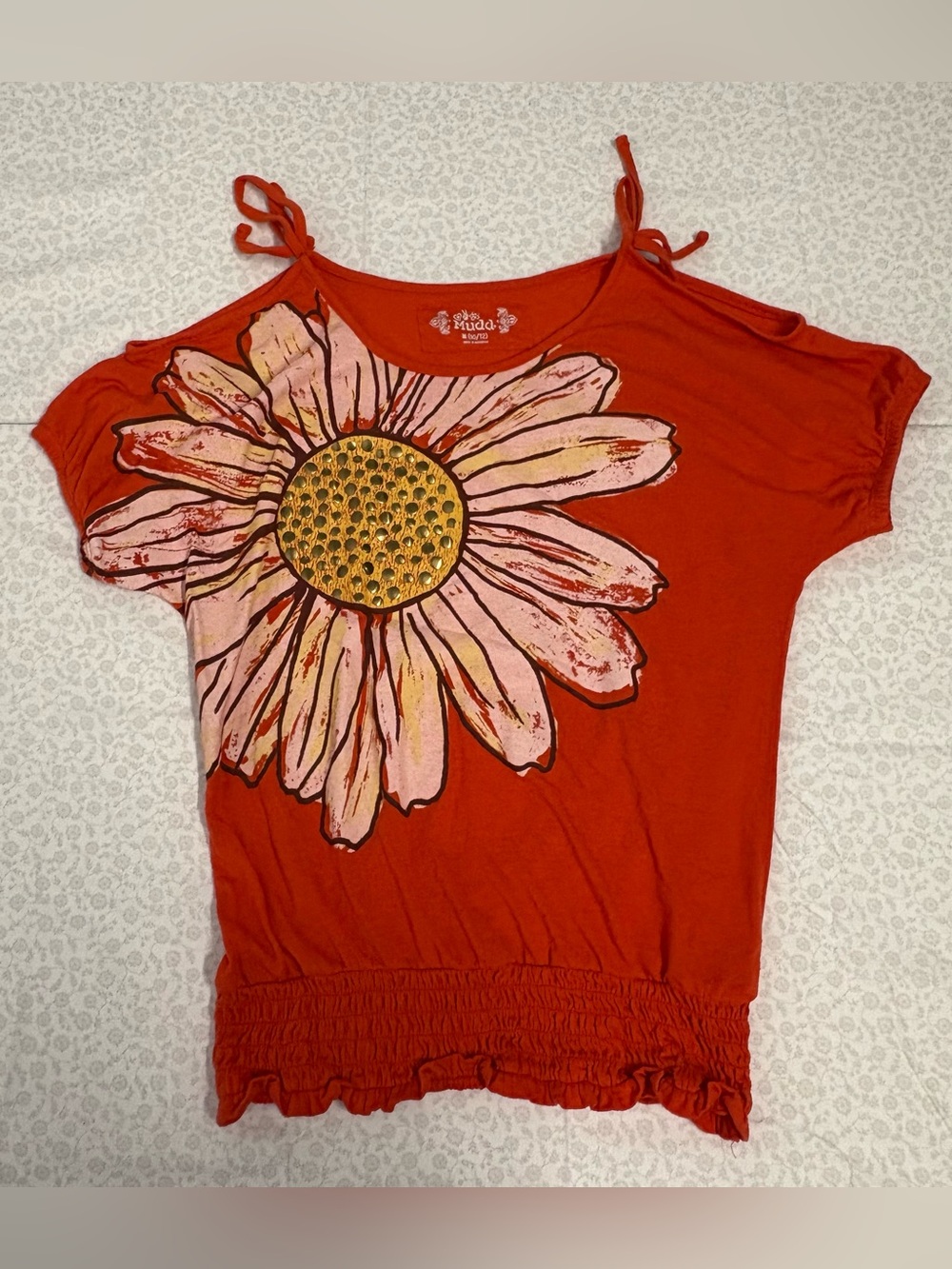 Mudd Vintage Y2K Size M Orange Floral Graphic Smocked Tie Cap Sleeve Tee RARE